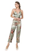 Eleganter dreiteiliger Damenpyjama, Oberteil, Hose, Bademantel, Oliv PIZ334 - Online-Shop - Boutique